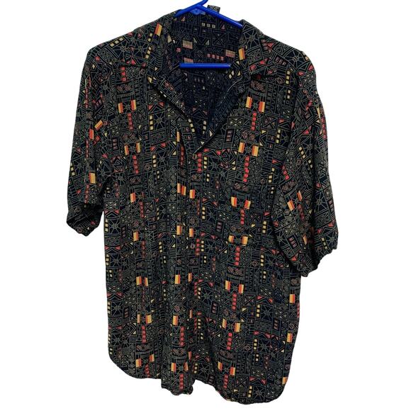 Shah Safari Vintage Geometric Pattern Black Red Boho Button Up Rayon Shirt XL - Picture 1 of 4